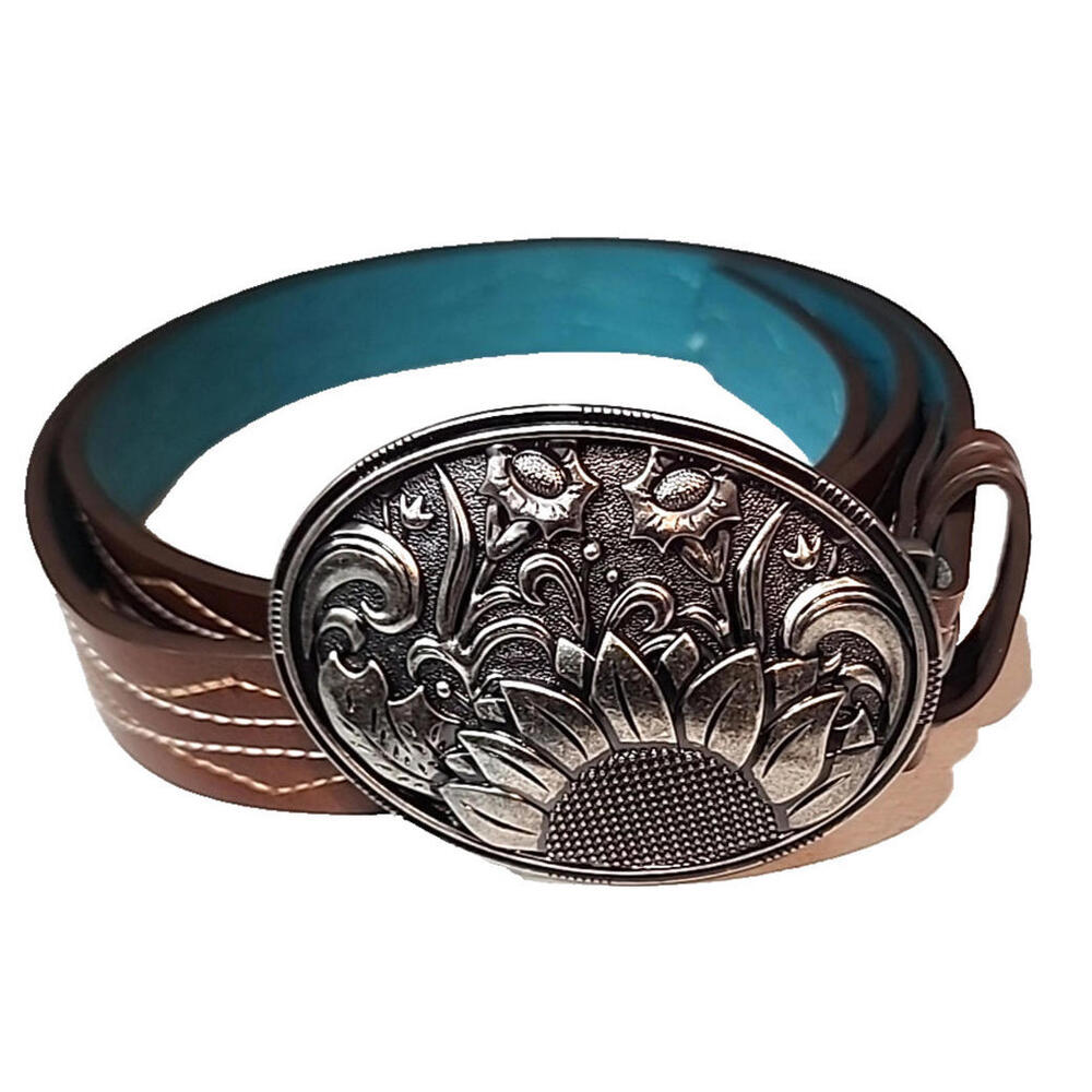 Catchfly Studio Womens Leather Belt Sunflower Buckle Stitched Tooled Western XL